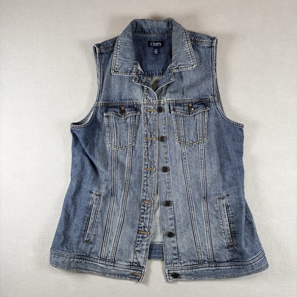 Chaps Women's Large Medium Wash Denim Trucker Vest Button Up